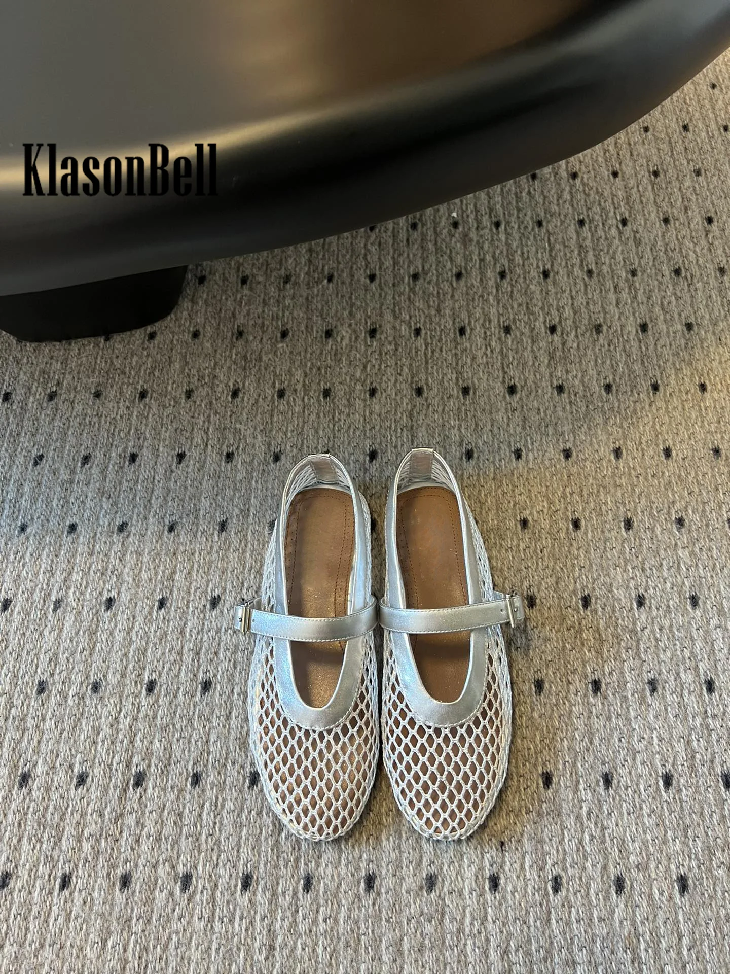 6.25 KlasonBell Women Hollow Out Mesh Breathable Comfortable Flat Shoes  Buckle Strap Genuine Leather Round Toe Sandals