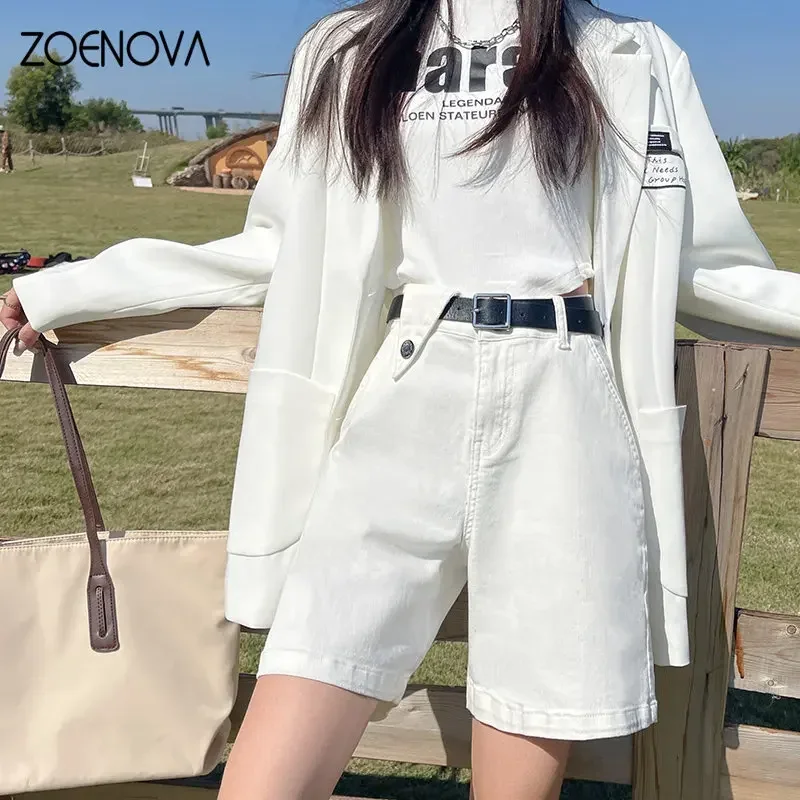 ZOENOVA 2023 New Chic Summer Stretch Korean Version Five Point Button Fly Shorts Jeans Casual Pants Women\'s Belt Y2K Loose Denim