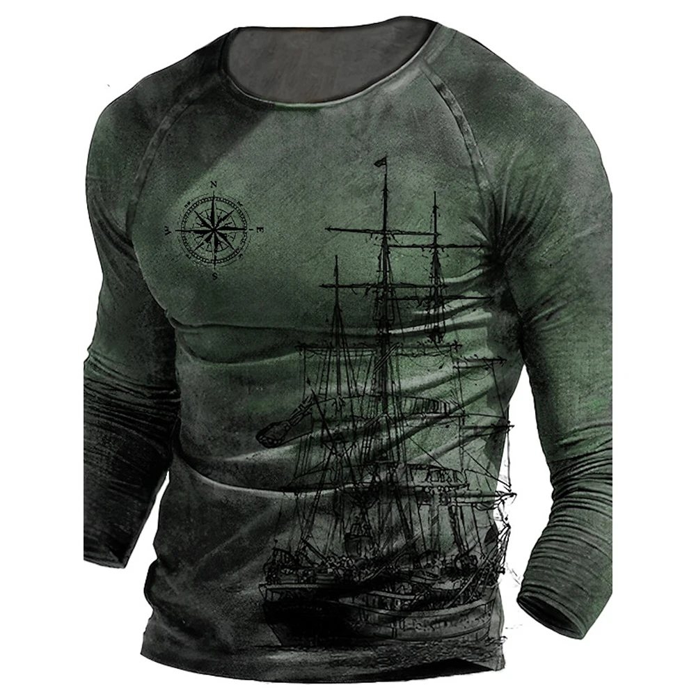 Men's Long Sleeve Graphic 3D Compass Boat Casual Sports Outdoor Sports T-Shirt Fitness Retro Classic Long Sleeve Top