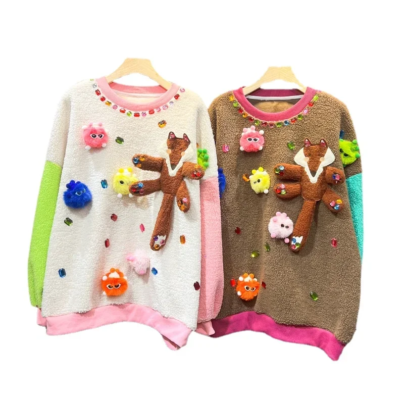 Cartoon Lambswool Padded Fleece Sweatshirts Women 2023 Winter New Rhinestone Loose Multicolor Fashion Brand 3D Decorative Top