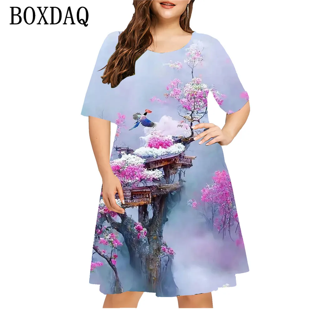 Vestidos florais estampados em 3D femininos, vestido de verão solto, manga curta, pulôver, roupas femininas, plus size, paisagens, verão