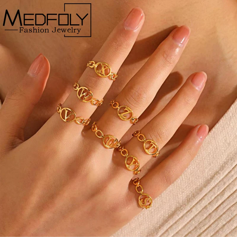 

MEDFOLY 26 Initial Letter Cuff Rings for Women 18K Gold Plated Personalized Adjustable Alphabet Open Rings Engraved Name Jewelry