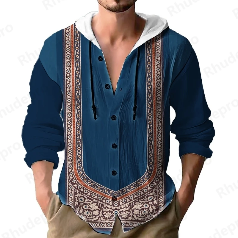 

Рубашка в национальном стиле, однотонная толстовка с длинным рукавом, кардиган, осенняя рубашка с длинным рукавом для мужчин, повседневные свободные мужские рубашки с капюшоном на пуговицах