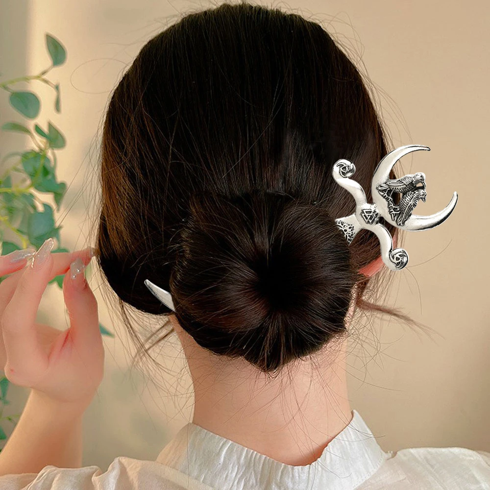 Unique Witch Pagan Moon Dragon Hair Stick for Women Norse Mythology Dragon Charm Hairpins Vintage Headwear Vikings Jewelry Gift