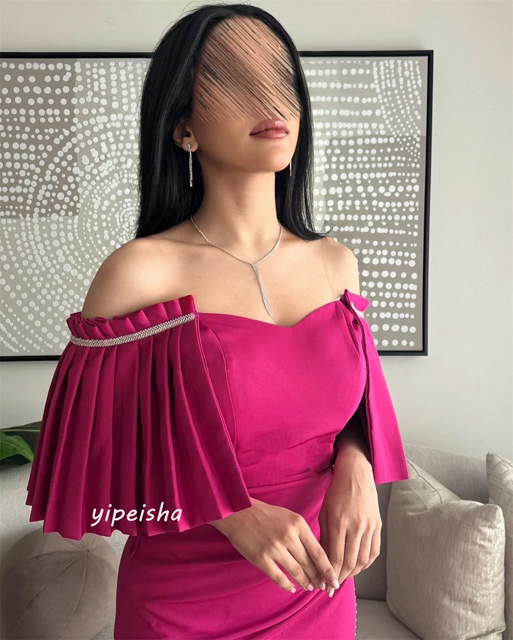 Jiayigang lipit Satin rumbai Natal, panjang A-line Off-the-shoulder untuk acara teh