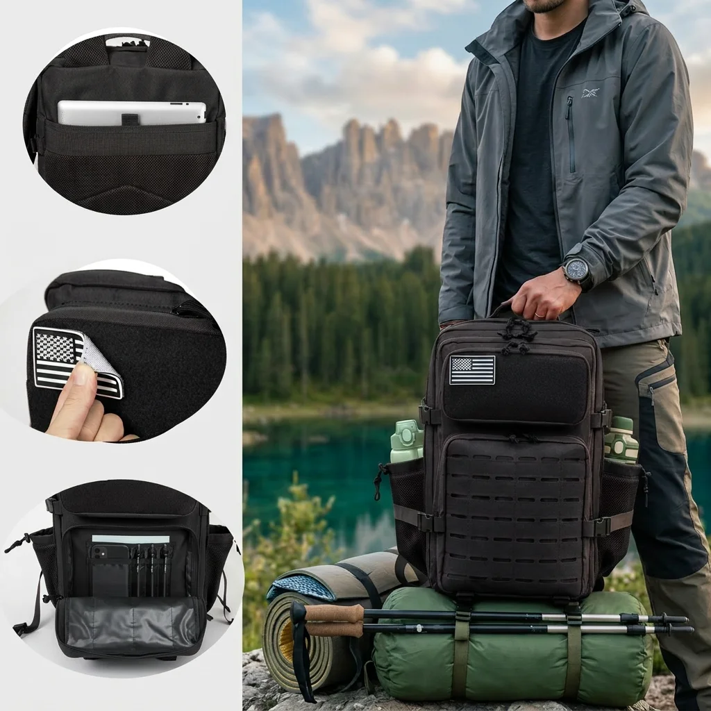 Universeller 45L Taktischer Rucksack für Männer und Frauen, großer Outdoor-Rucksack mit großem Klettverschlussfeld, doppelseitigen Wasserflaschenhaltern, MOLLE-Modul-Webbing-System, multifunktionaler