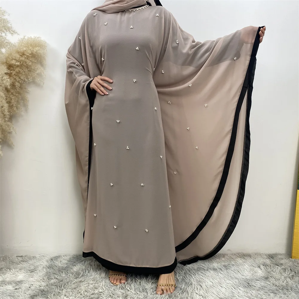 Pearl Chiffon Casual Loose Abaya for Women Muslim Bat Sleeves Dubai Luxury Turkey Kaftan Hijab Dress Ramadan Islamic Clothes