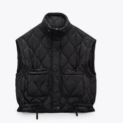 Cotton Padded Jacket Vest Outerwear Stand Collar Lightweight Zip Quilted Vest for Women Waistcoat Padded Gilet Black Sleeveless