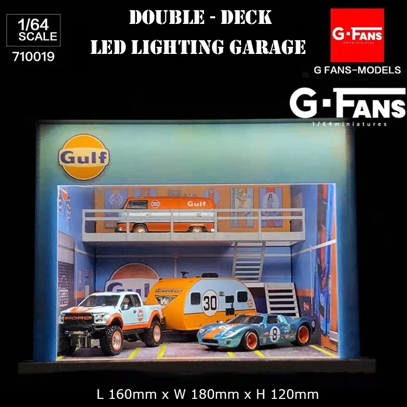 G-Fans 1:64 Assemble Diorama Double-Desk LED Lighting Garage Model Car Parking Lot Display - Gulf Version