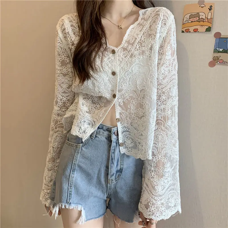 2022 Summer New French Lace Long Sleeve Solid Color Tops V Neck Buttons Loose Cardigan Perspective Fashion Korean Women Clothing