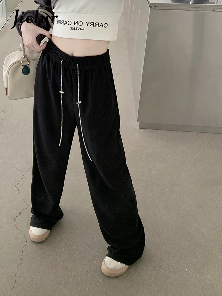 Jielur New Women's Solid Color Vertical Stripe Casual Pants Spring Elastic Waist Women Metal Chain Drawstring Wide Leg Pants