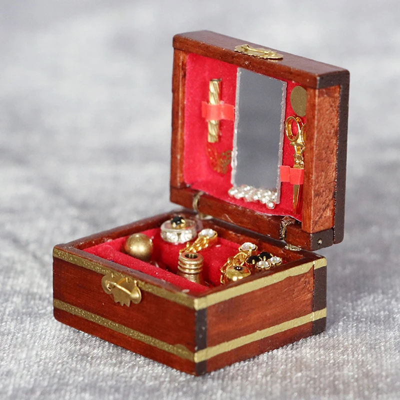 1:12 Dollhouse Miniature Accessory Mini Wooden Vintage Jewel Case Model Toy Doll House Decor Desktop Diorama Display Accessory
