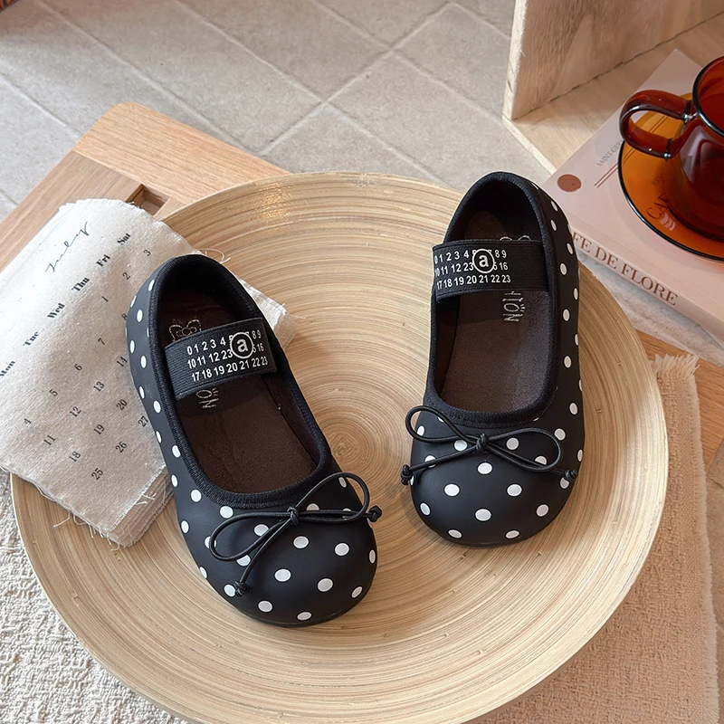 Toddler Girls Bow Detail Ballet Flats 2026 New Summer Kid Polka Dot Leather Shoes Soft Sole Trendy Princess School Party Wedding