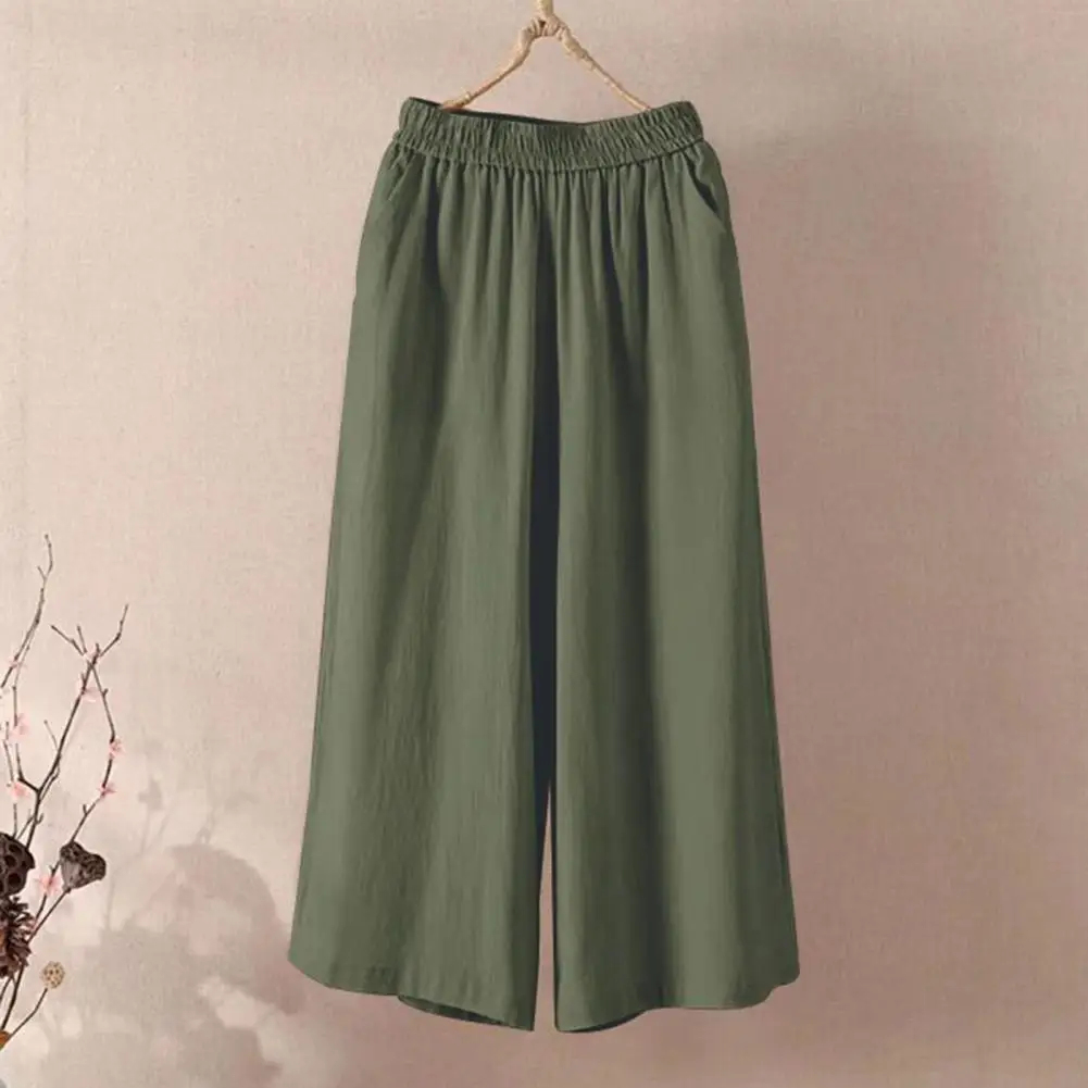 Casual Commuting Trousers Stylish Women's Cropped Pants with Elastic Waist Wide Leg Solid Color Casual Trousers with Pockets