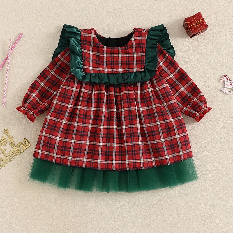 

Kids Girl Christmas Dress Casual Ruffles Plaid Print Long Sleeve A-Line Dress for Toddler Baby Spring Clothes