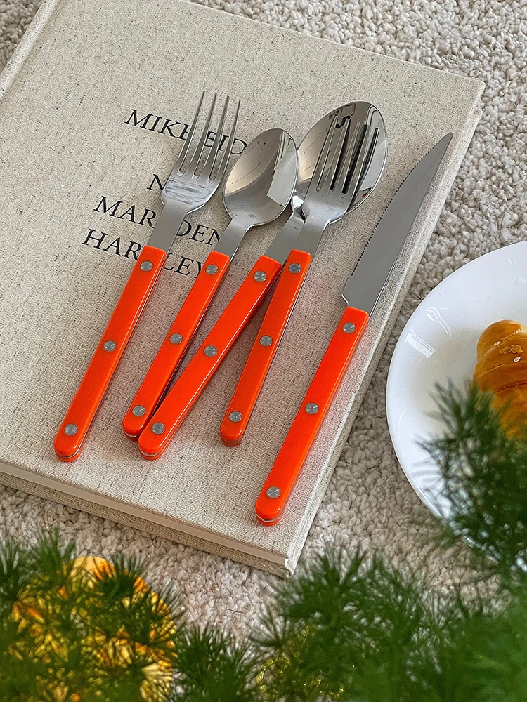 Korean INS Style Tableware Set Stainless Steel Knife, Fork, Spoon Western Tableware Set Simple Retro Color Dinner Cutlery Set