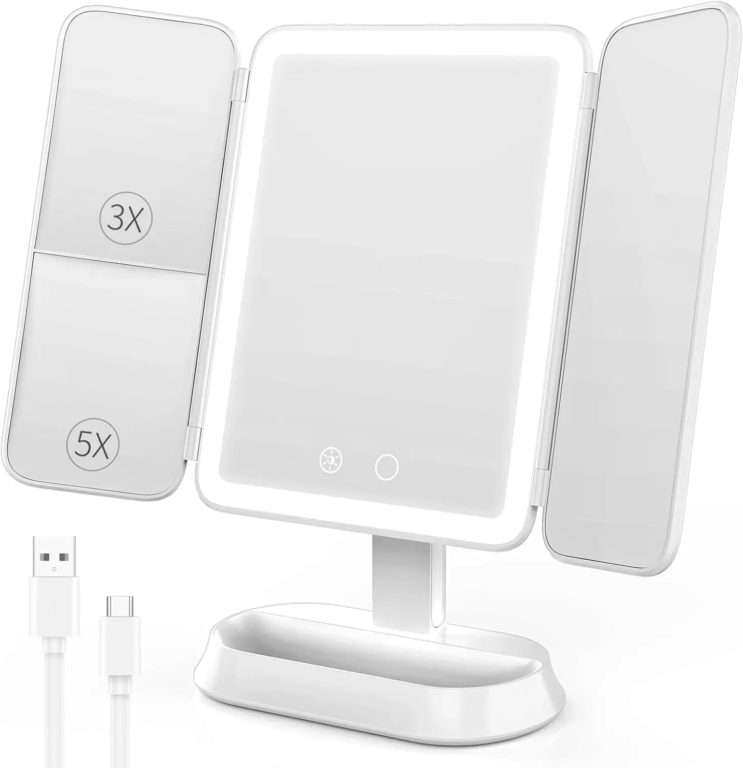 

Трехстворчатое зеркало для макияжа с 3-кратным/5-кратным увеличением, регулируемой LED-подсветкой, поворотом на 360° ° Поворотный механизм и перезаряжаемая батарея для путешествий