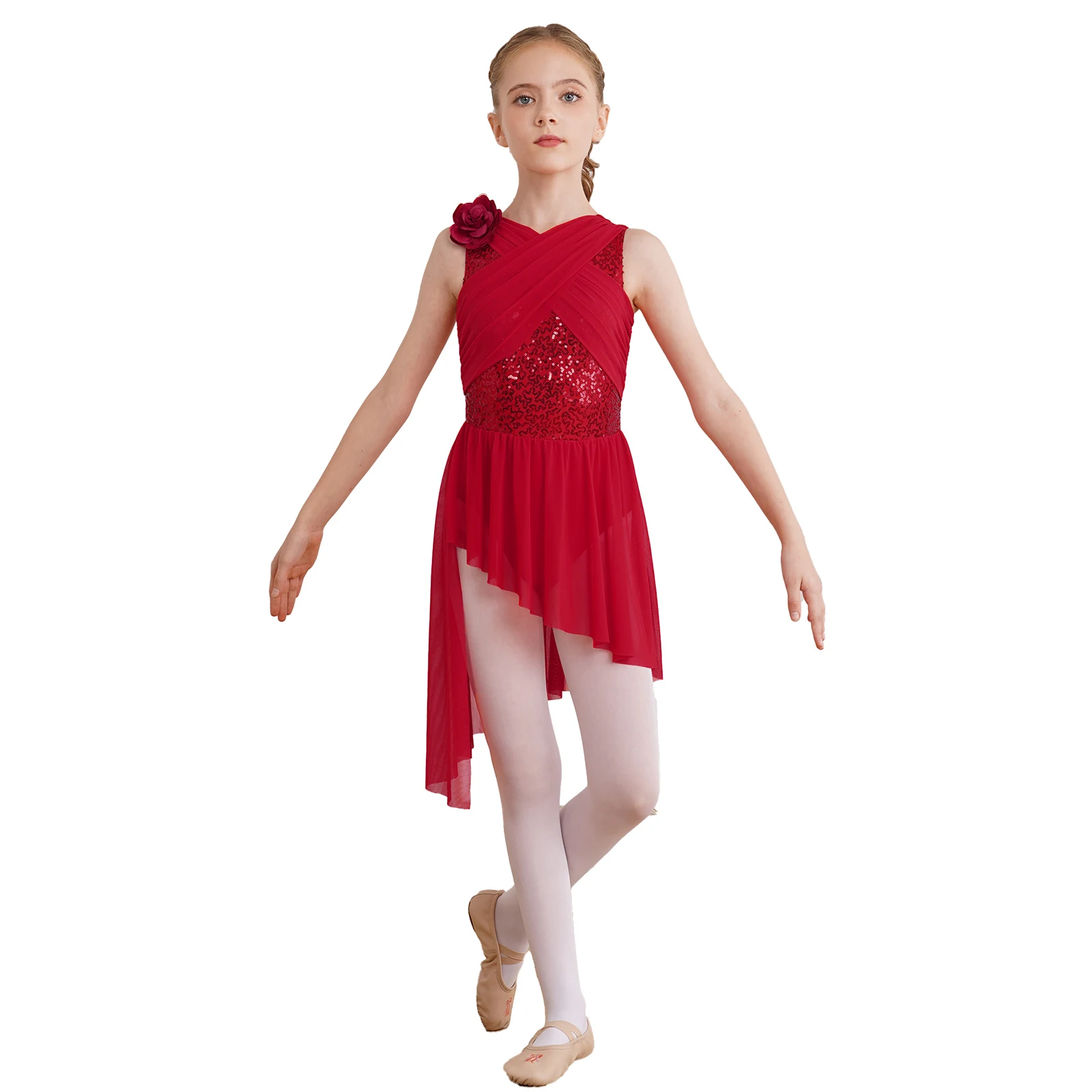 Kids Girls Shiny Sequins Ballet Jersey Lyrical Dance Dress Ruched Sheer Mesh Overlay Skirted Leotard with Artificial Flower