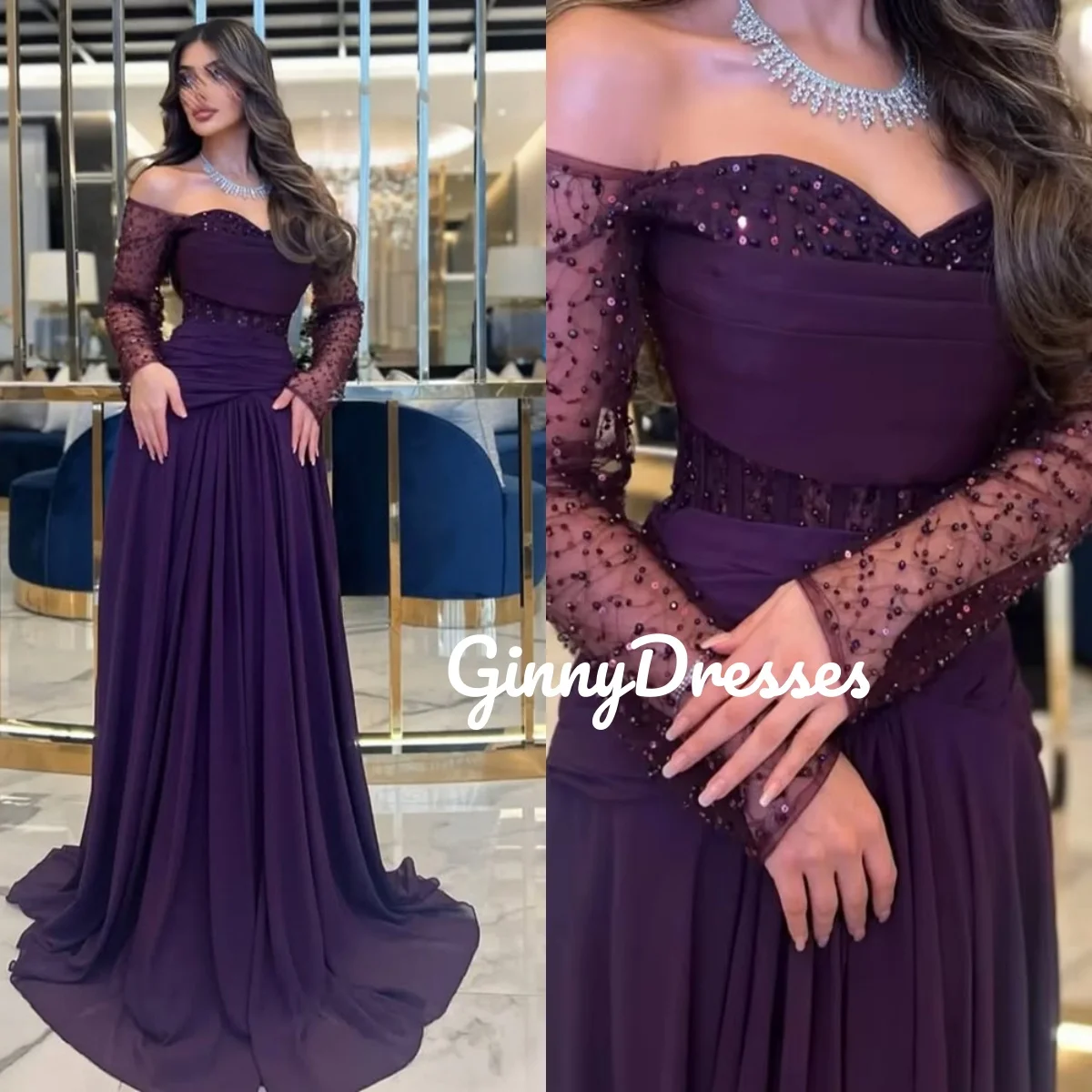 

Evening Dresses Luxury Customize A-Line Off-The-Shoulder Dresses For Prom Floor-Length Lace Zipper Up Long Sleeves Formal Occasi