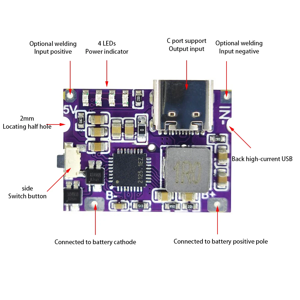 Type-C Micro USB 5V 3.1A Boost Converter Step-Up Power Module With Switch LED Indicator Battery Protection Board for 18650