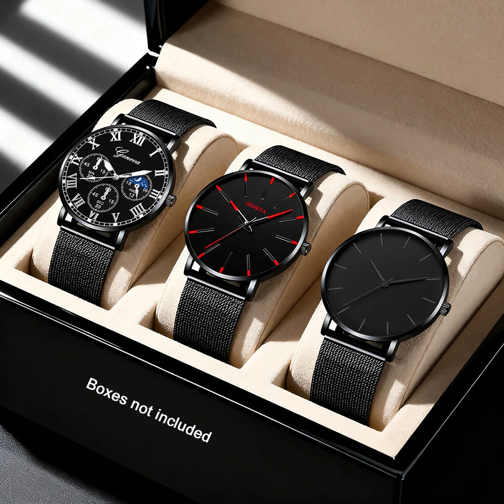 3pcs Men's Casual Handsome Quartz Men's Business Watch Clock Combination Set