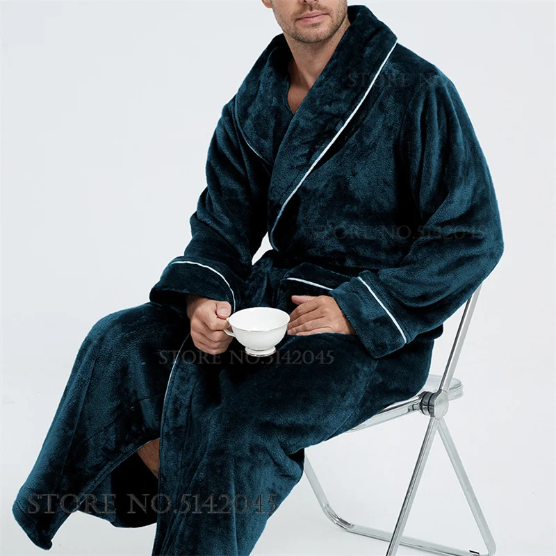 Autumn Winter New Male Sleepwear Long Robe Kimono Gown Thicken Warm Coral Fleece Bathrobe Home Clothes Loose Lingerie Loungewear
