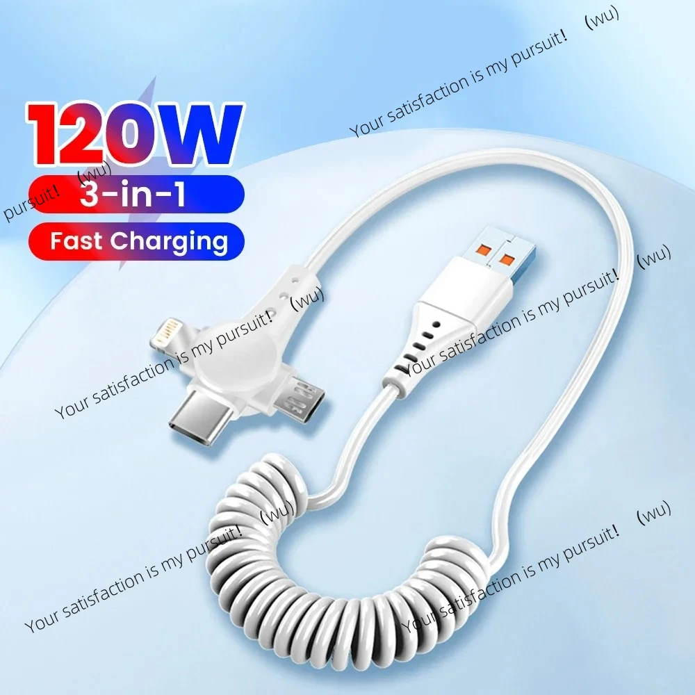 120W 3-in-1 USB C Cable Super Fast Charging Spring Retractable Data Cable For  Quick Charger Data Cord