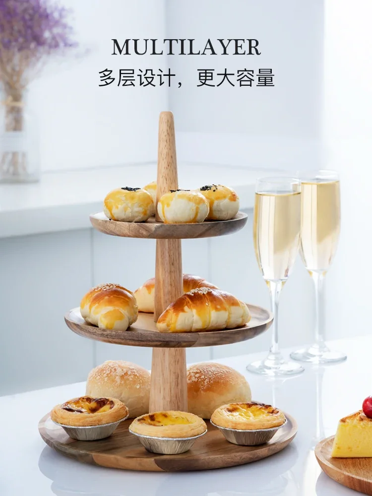 

Solid wood dessert tray Double layer tray Round wedding Dim sum cake tray Wood sushi dessert multi-layer display rack