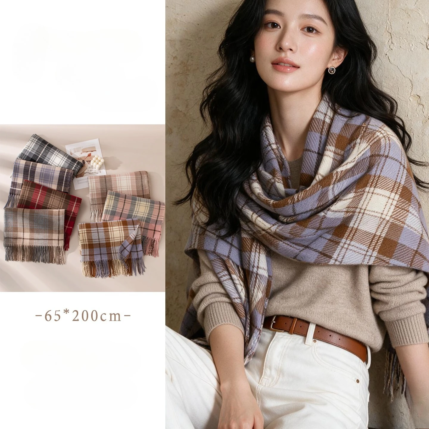 Unisex British Plaid Check Scarf Shawl Retro Maillard Tone Imitation Cashmere Large Thick Warm Wrap Stole Winter Neck Accessory