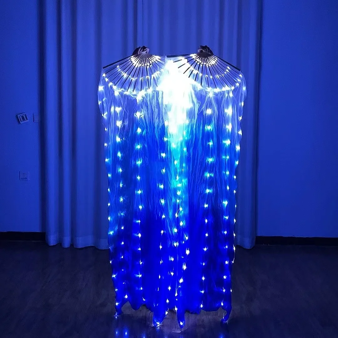 Silk Fold Fan for Belly Dance, Blue and White LED Light, Christmas and Halloween Party, Cosplay Costume Shows, Stage Performance