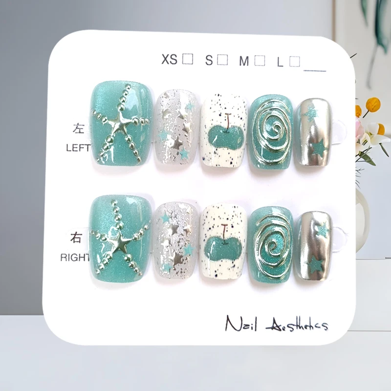 10 Stück süße Sterne, 3D-karierte Schleife und Äpfel mit Katzenaugen, einfache All-Match-Nagelkunst, zum Aufdrücken der Nägel, künstliche Nägel, Nagelaufkleber
