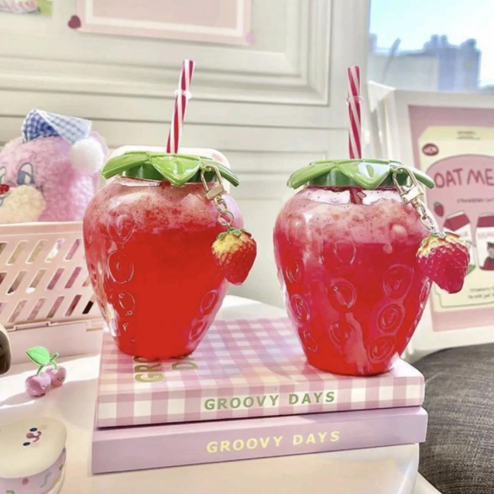 500ml Strawberry Straw Water Bottle Summer Cute Milk Coffee Straw Cup For Home Cartoon Water Bottle Juice Bottle Drinking Cup