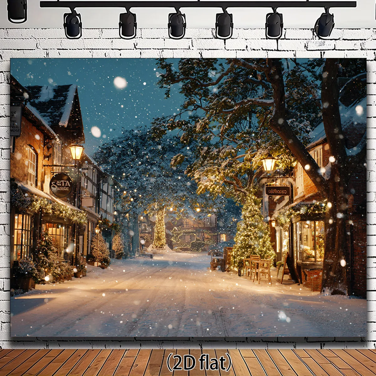 2D Flat, Tapestry 2D Flat, 1pc Winter Wonderland Background Cloth- Snow Scene Street Scene with Shops And Trees- No Electricity
