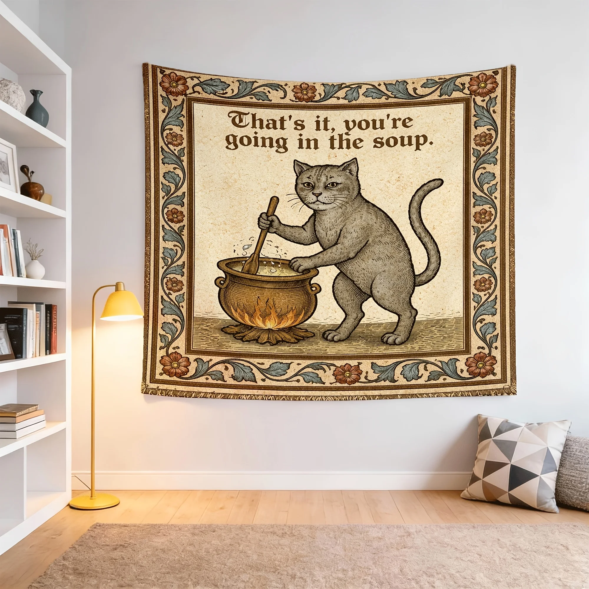 VIKAMA Retro Funny Cat Soup Tapestry Medieval Illustration That's It You're Going In The Soup Text Printing Room Decoration
