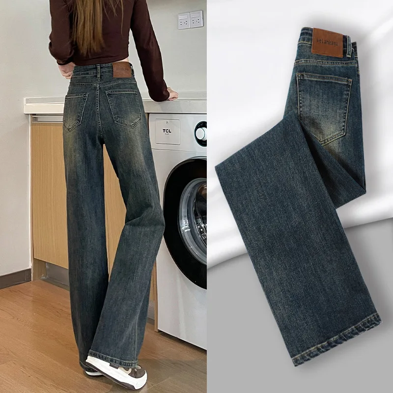 High Waist Fleece Lined Wide Leg Jeans Women's Loose Fit Denim Pants Spring Autumn Winter Deep Color Straight Cut Trousers