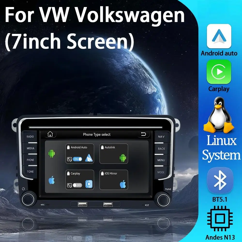 

Автомагнитола Linux Smart Car для Volkswagen VW / GOLF / PASSAT / SKODA / SEAT, 7 дюймов, с двумя USB-портами, Android Auto и CarPlay, мультимедиа, видео