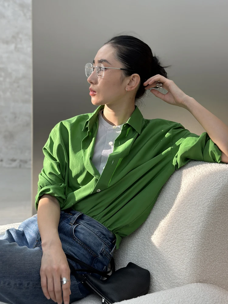 

Bodhl Silk Cotton Blend Striped Color Blo Design Women's irt Loose Fit Long Sve Classic Collar Autumn Faion