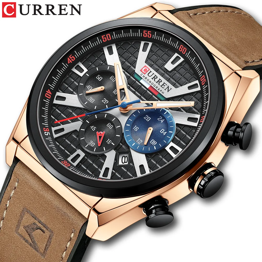 CURREN 8392 Men's Quartz Watch Fashion Retro Blue Green Grey Brown Leather Strap Calendar Business Watch