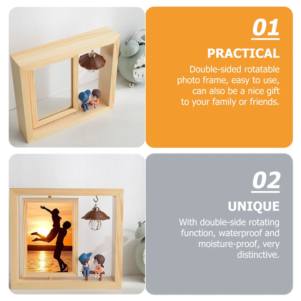 Wooden Photo Frame Double Side Rotating Photo Frame Rotary Picture Frame Table Frame Desktop Decor