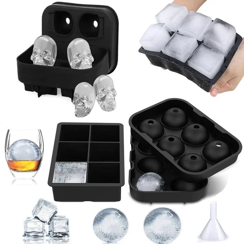 4/6 Grid Ball Big Square Ice Cube Mold Black Silicone Ice Cube Maker Reusable DIY Ice Cube Tray for Freezer Drinks Whisky Wine