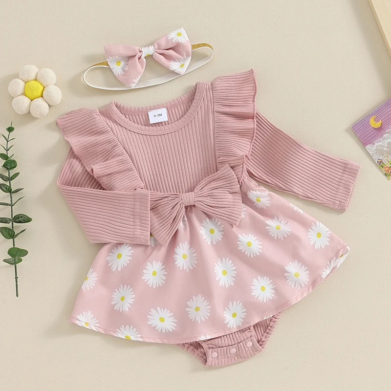 

Baby Girl 2Pcs Spring Outfits Long Sleeve Bow Front Daisy Print Romper with Headband Set Infant Clothes