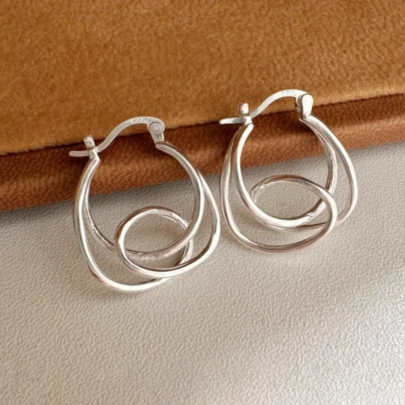 

925 Sterling Silver Korean Version Geometric Line Wrapping Hoop Earring for Women Fine Jewelry High Luxury Vintage Accessories