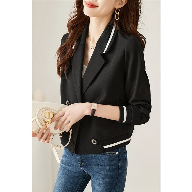 Primavera outono moda feminina contraste cor simples chique duplo breasted entalhado blazers feminino coreano solto rua outwear casaco