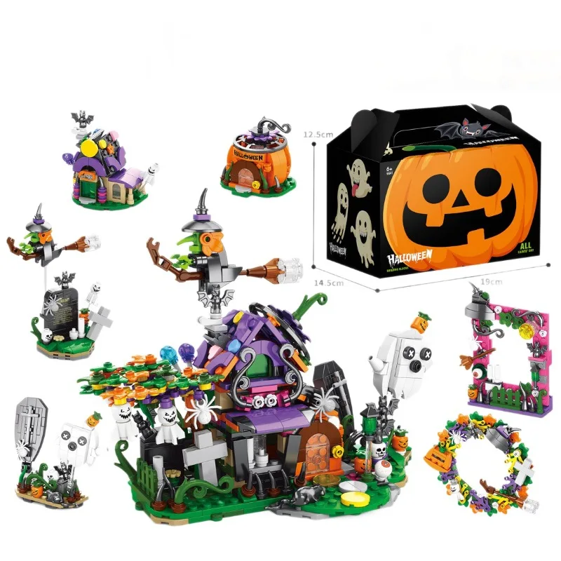 Creative Halloween Ghost House Ghost Train Desktop Atmosphere Decoration Building Blocks Bricks Toys for Kids Boys and Girls 6+