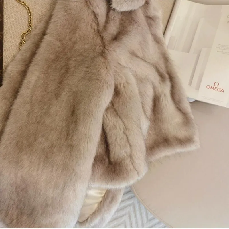 Winter Lapel Gradual Khaki Coffee Cropped Faux Fox Fur Jackets Women Soft Hairy Shaggy Coat Short Keep Warm Party Outerwear