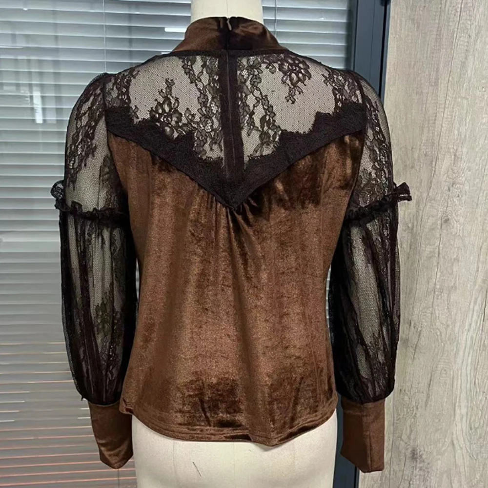 Vintage Punk Style Velvet Shirt for Women Long-sleeve Half Turtleneck Base Blouses Sexy Mesh Lady Tops