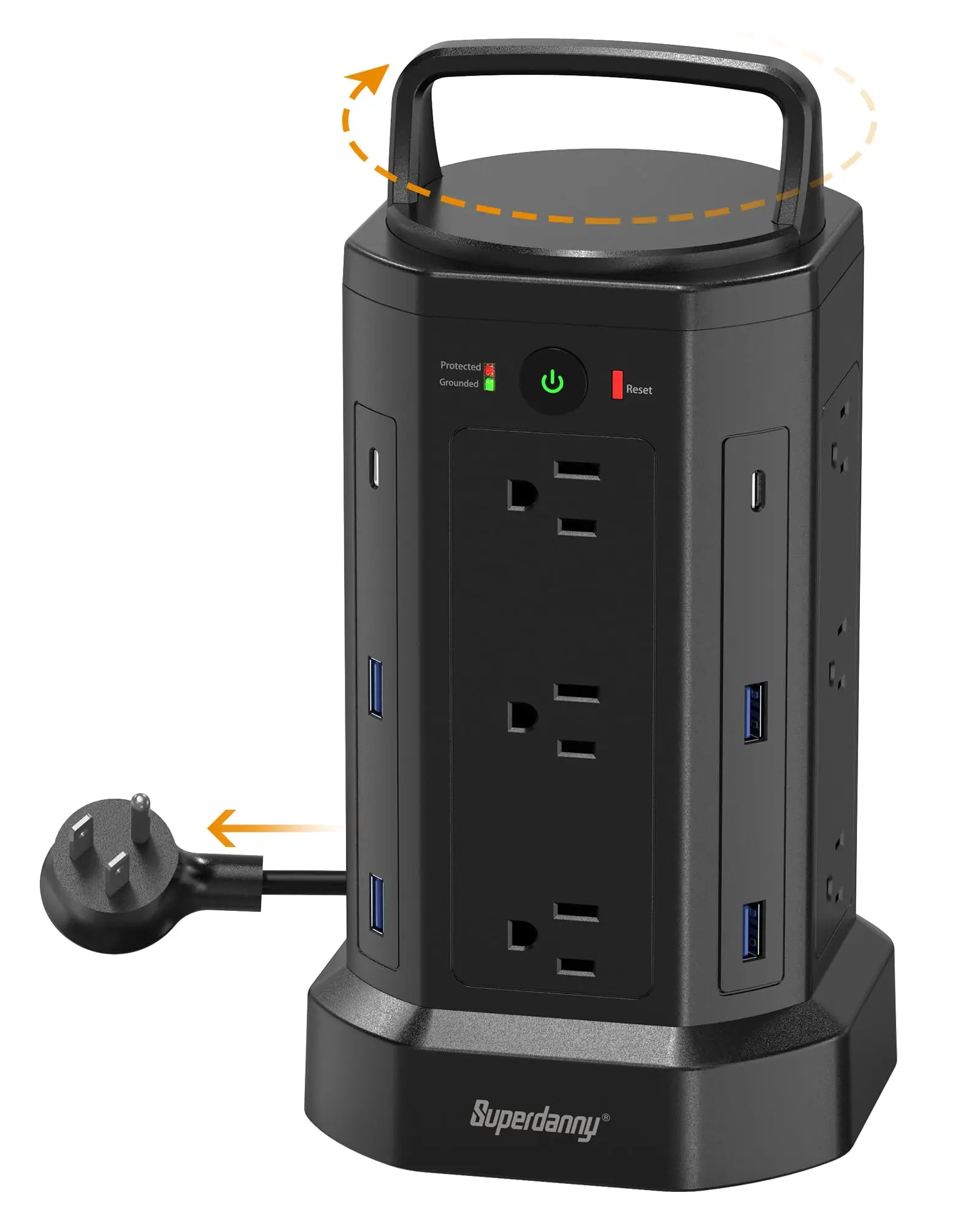 

Power Strip Surge Protector Tower 2100J, 12 AC 6 USB (2C) Charging Station, Handle Cord Retracting, 6.5ft Overload Protection