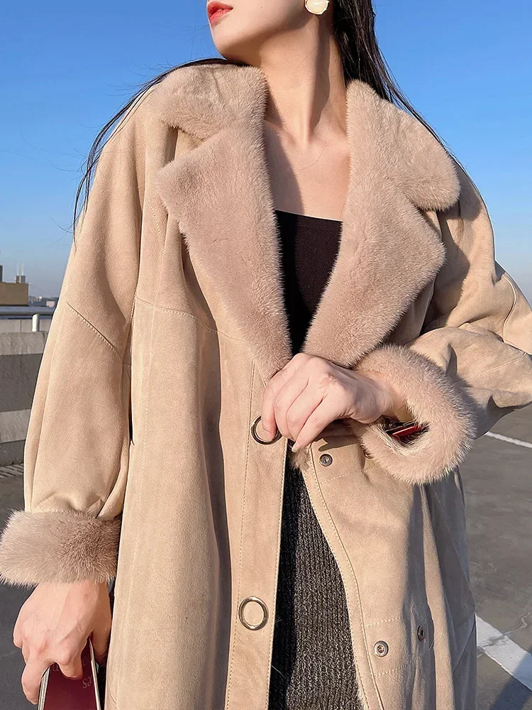 Real Fur Coat Women Winter Natural Goat Fur Coats Femme Mink Fur Collar Long Coat Nine Points Sleeve Jacket Winterjas Dames 2024