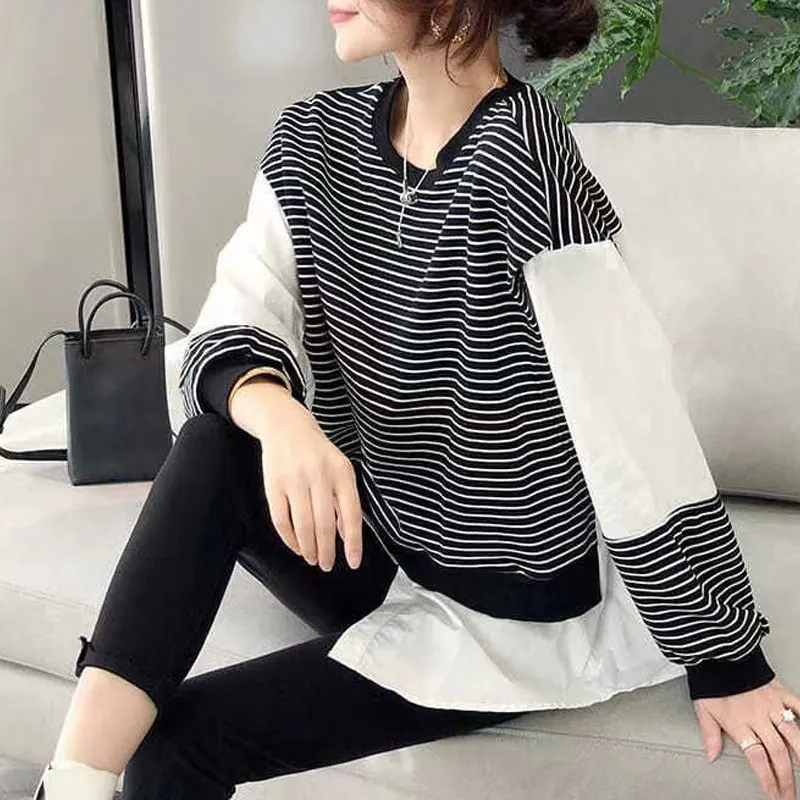 

Stylish High Street Striped Printed Loose Midi Sweatshirts Spring Autumn Patchwork Female Clothing Korean Round Neck Pullovers