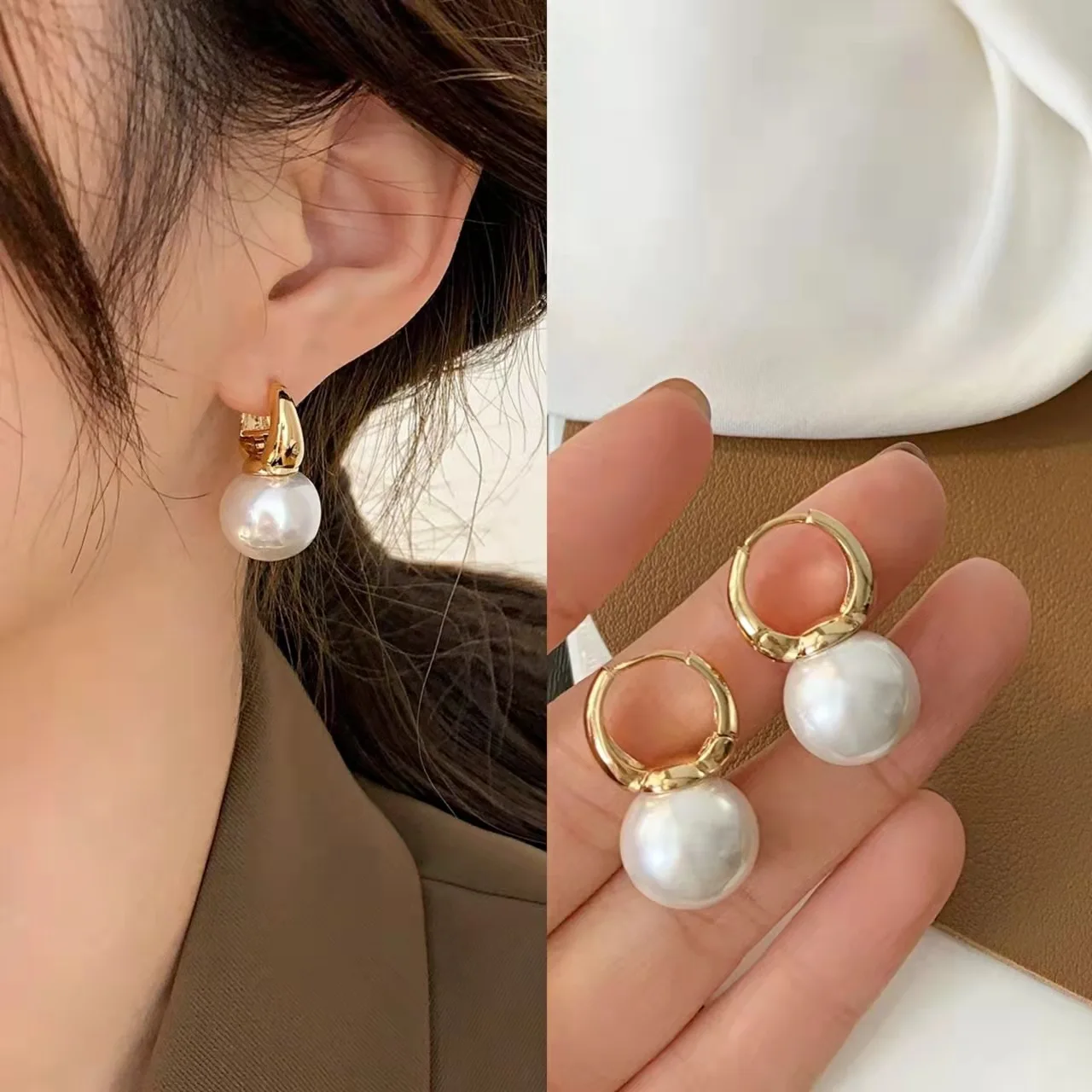 New Imitation Pearl Studs Hoop Earrings For Women Gold Color Eardrop Minimalist Hoops Wedding Fashion Jewelry Dropshipping